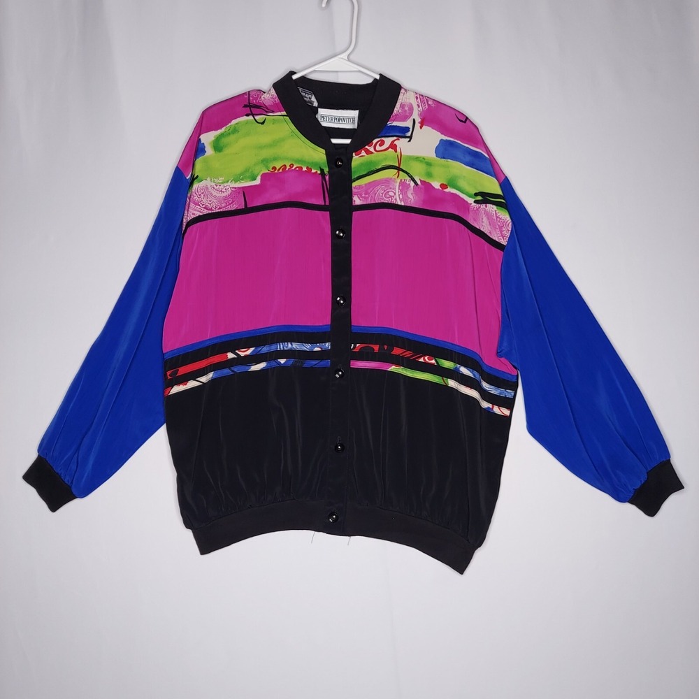 Peter Popovitch Vtg 80s Women Track Jacket 2X Multicolor Artsy Streetwear‎ 90s